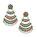 Load image into Gallery viewer, Abhinn Silver Oxidised Triple Layered Multi Colour Green-Orange Dangler Earrings For Women
