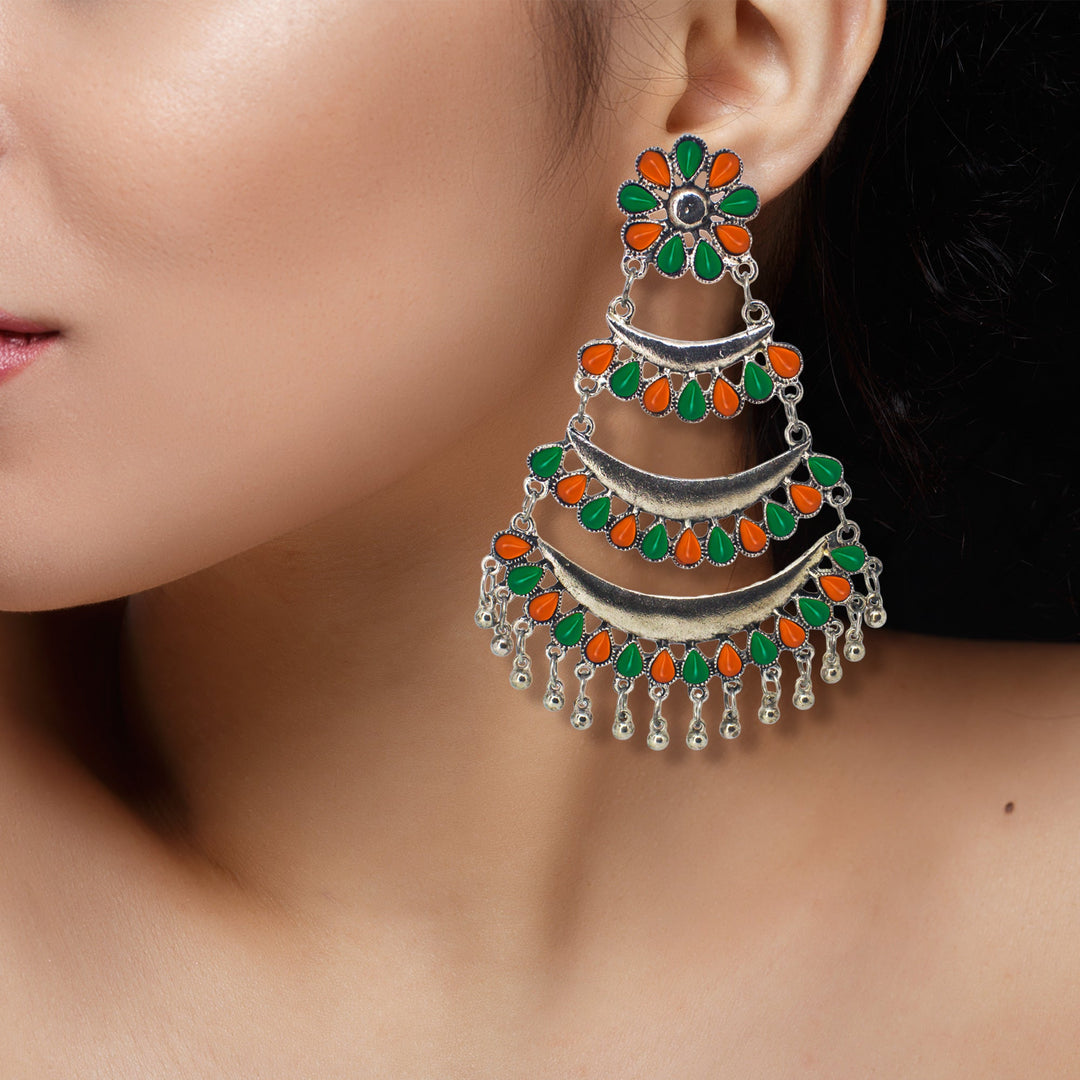Abhinn Silver Oxidised Triple Layered Multi Colour Green-Orange Dangler Earrings For Women