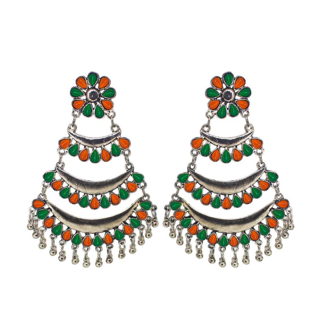 Abhinn Silver Oxidised Triple Layered Multi Colour Green-Orange Dangler Earrings For Women