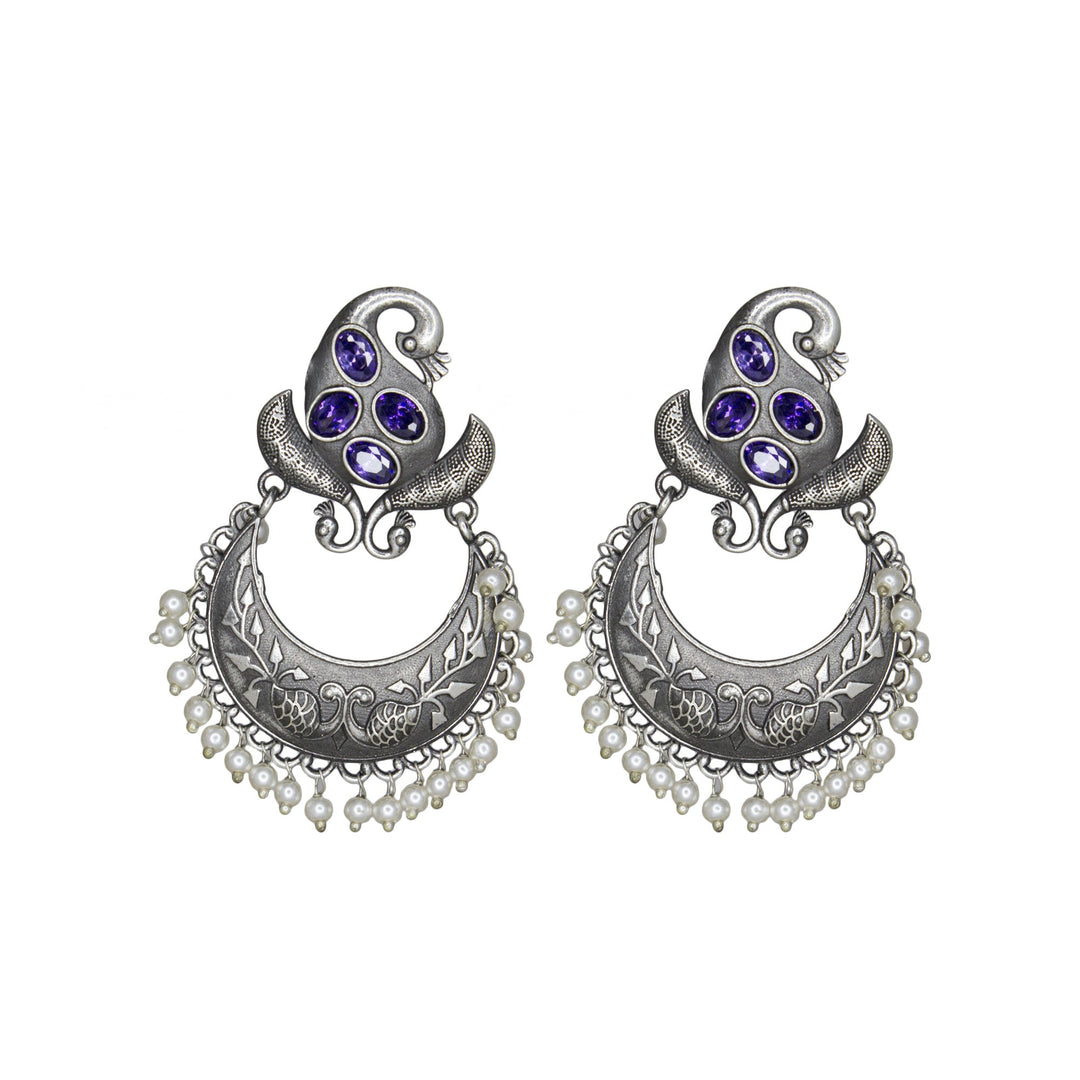 Abhinn Silver Replica Peacock Design Studs With Purple CZ Stones Studded Earrings for Women