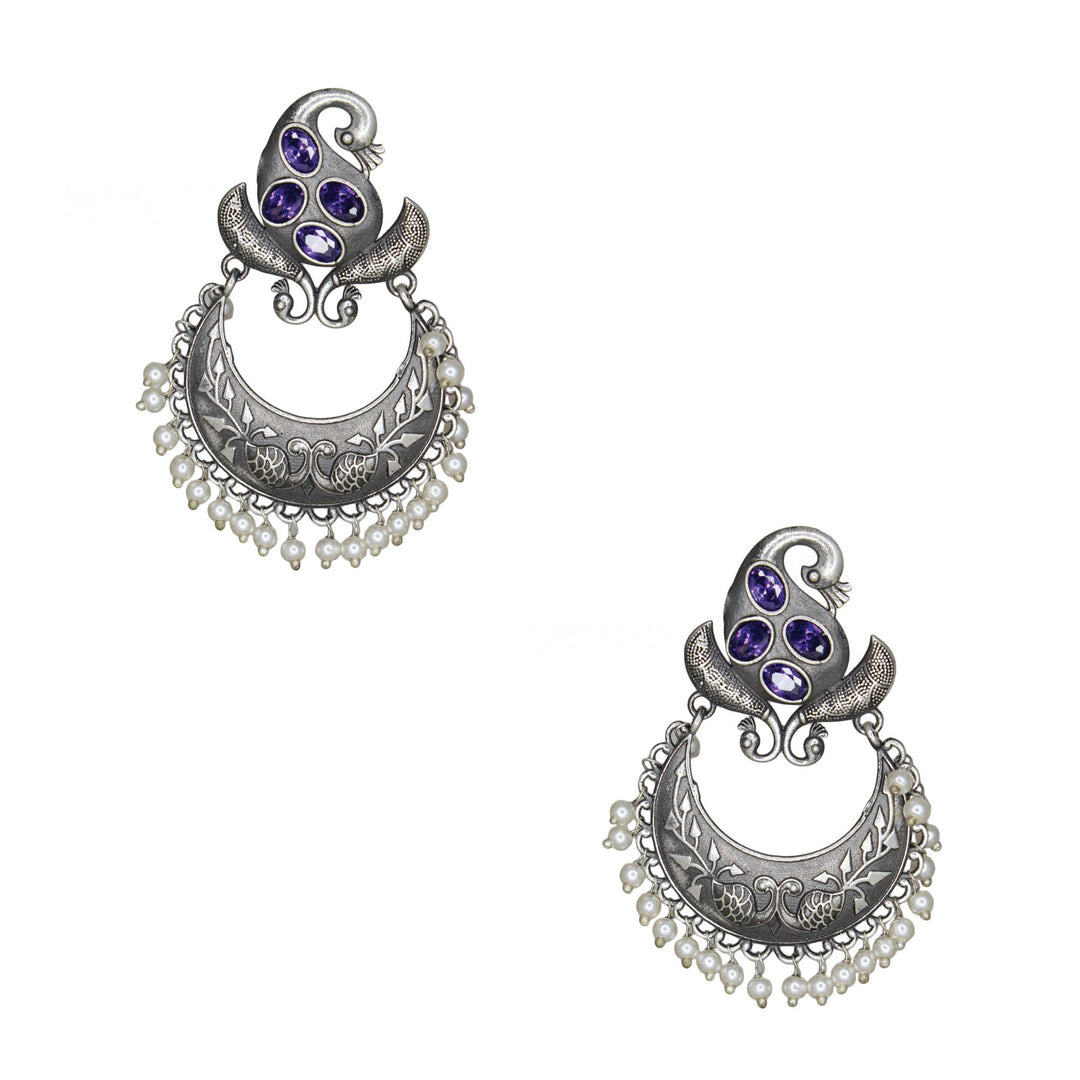 Abhinn Silver Replica Peacock Design Studs With Purple CZ Stones Studded Earrings for Women