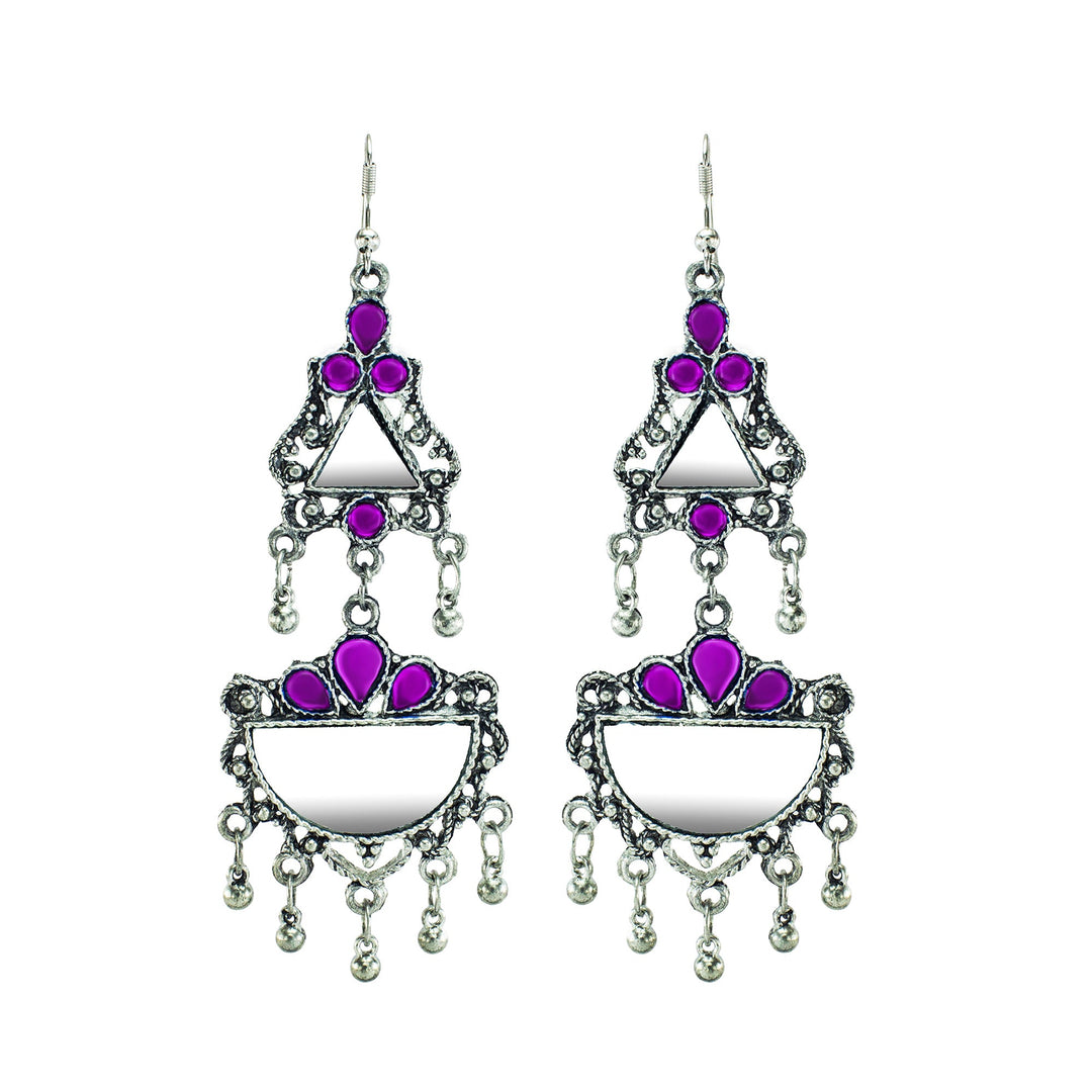 Abhinn Afghani Silver Oxidised Mirror With Purple Stones Dangler Earrings for Women