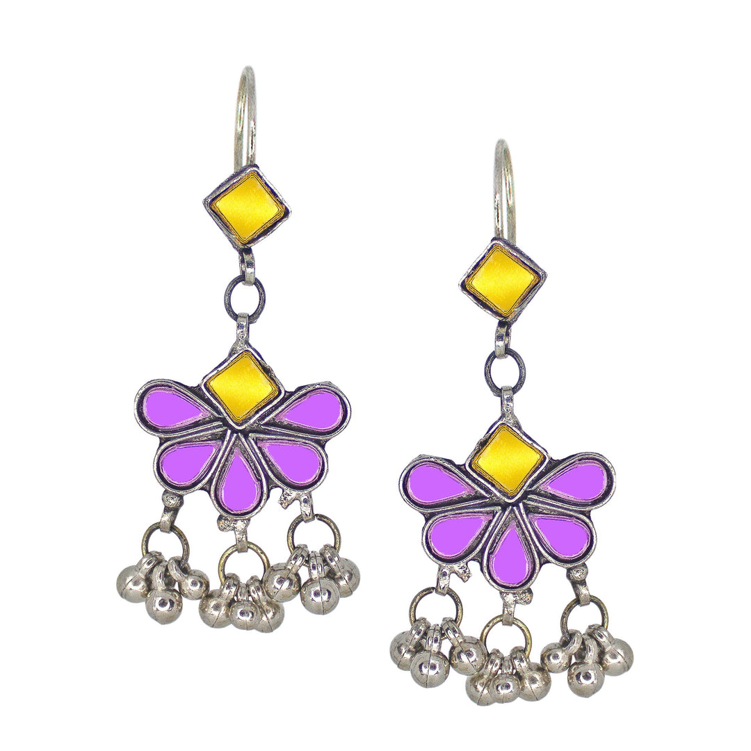 Abhinn Afghani Silver Plated Floral Design Yellow-Purple Glass Dangler Earrings For Women