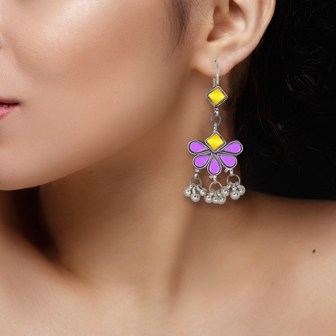 Abhinn Afghani Silver Plated Floral Design Yellow-Purple Glass Dangler Earrings For Women