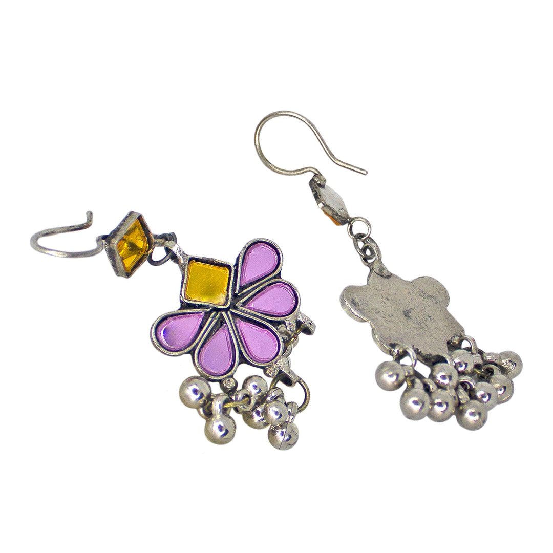 Abhinn Afghani Silver Plated Floral Design Yellow-Purple Glass Dangler Earrings For Women