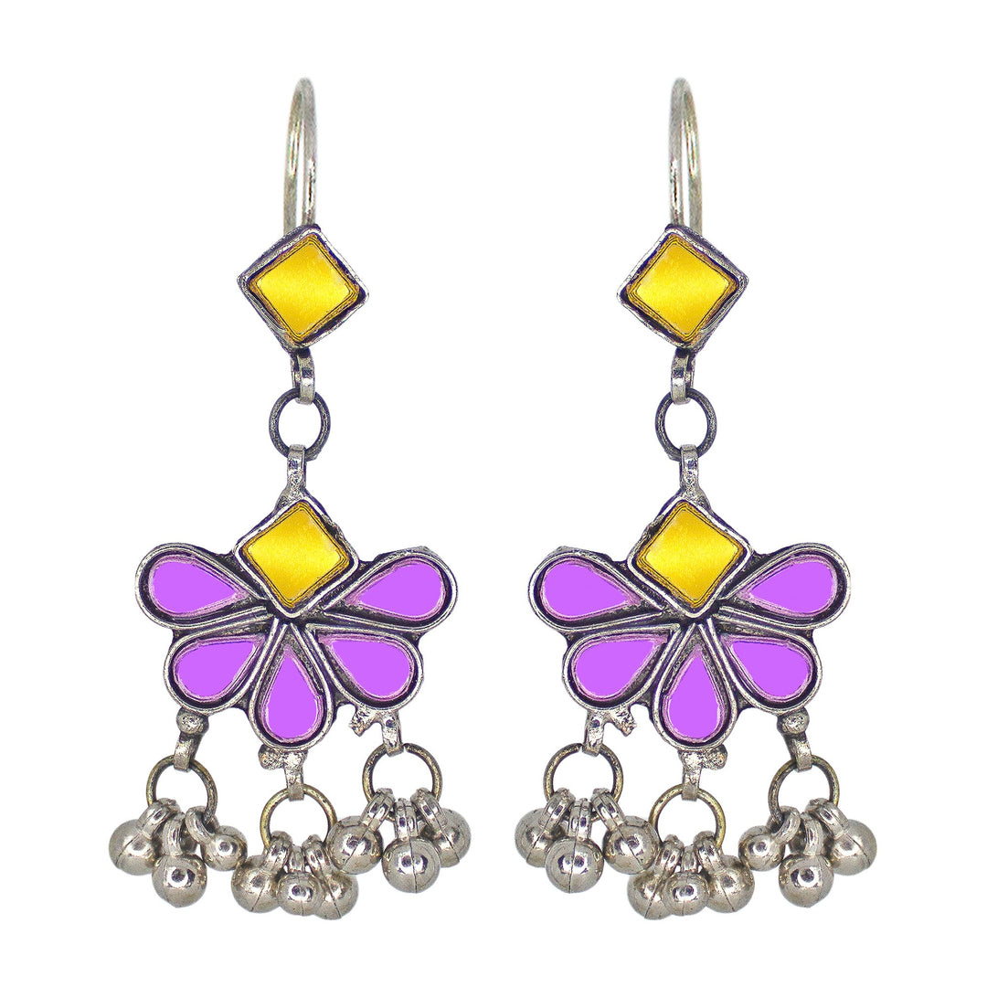 Abhinn Afghani Silver Plated Floral Design Yellow-Purple Glass Dangler Earrings For Women