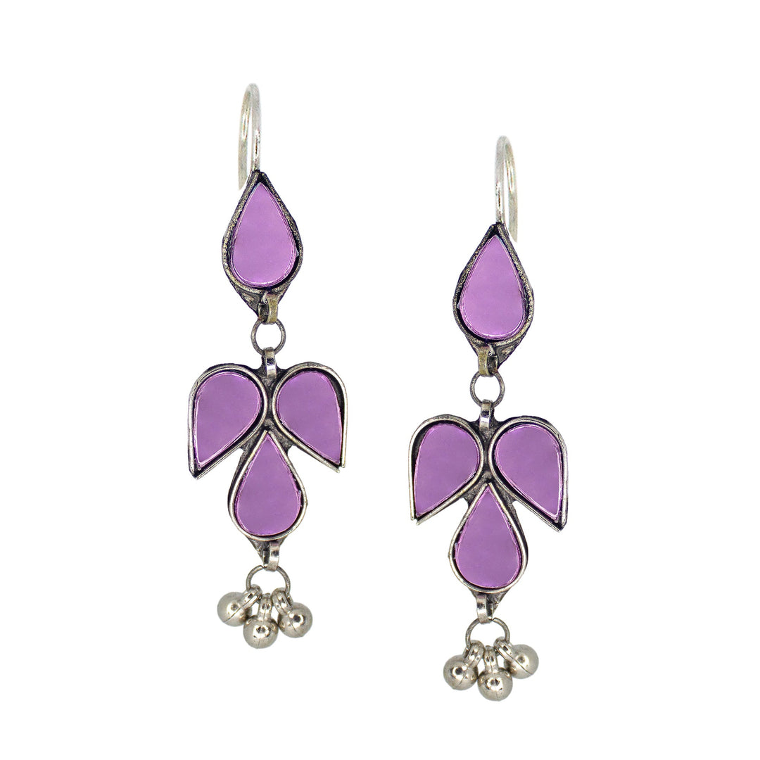 Abhinn Afghani Silver Plated Petal Shape Purple Glass Dangler Earrings For Women