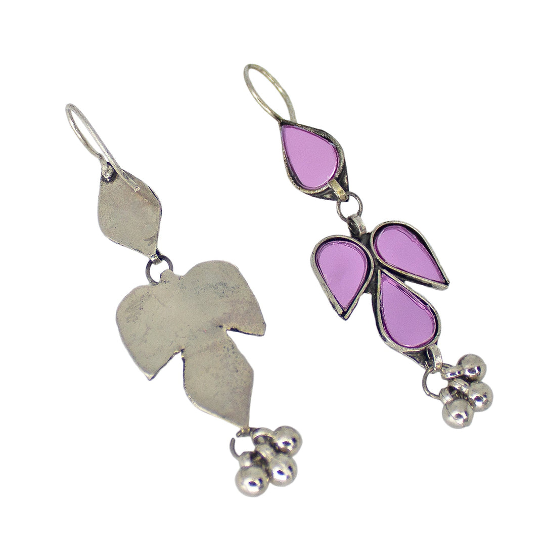 Abhinn Afghani Silver Plated Petal Shape Purple Glass Dangler Earrings For Women