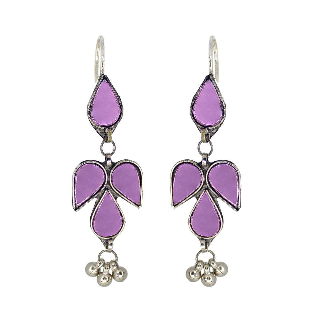 Abhinn Afghani Silver Plated Petal Shape Purple Glass Dangler Earrings For Women