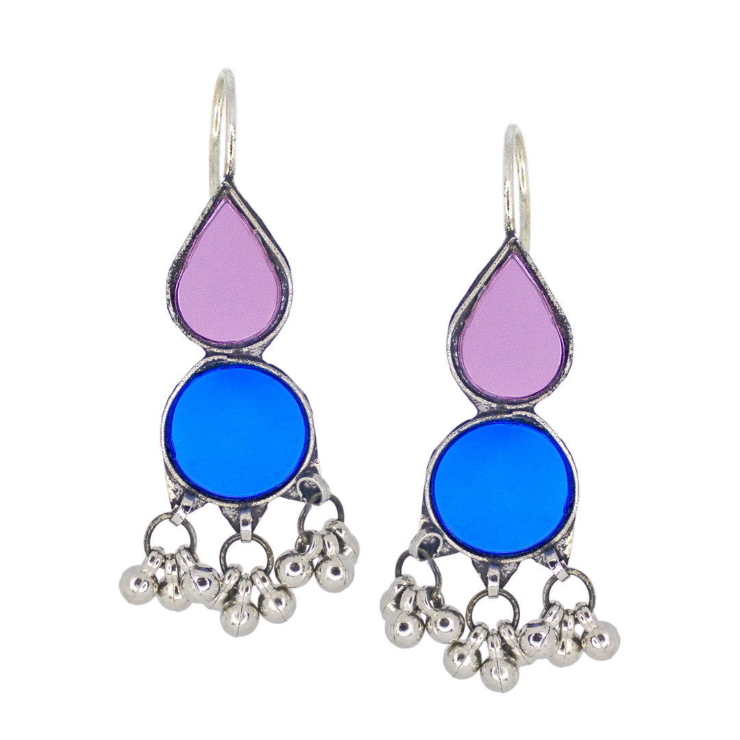Abhinn Afghani Silver Plated Geometrical Purple-Blue Glass Dangler Earrings For Women
