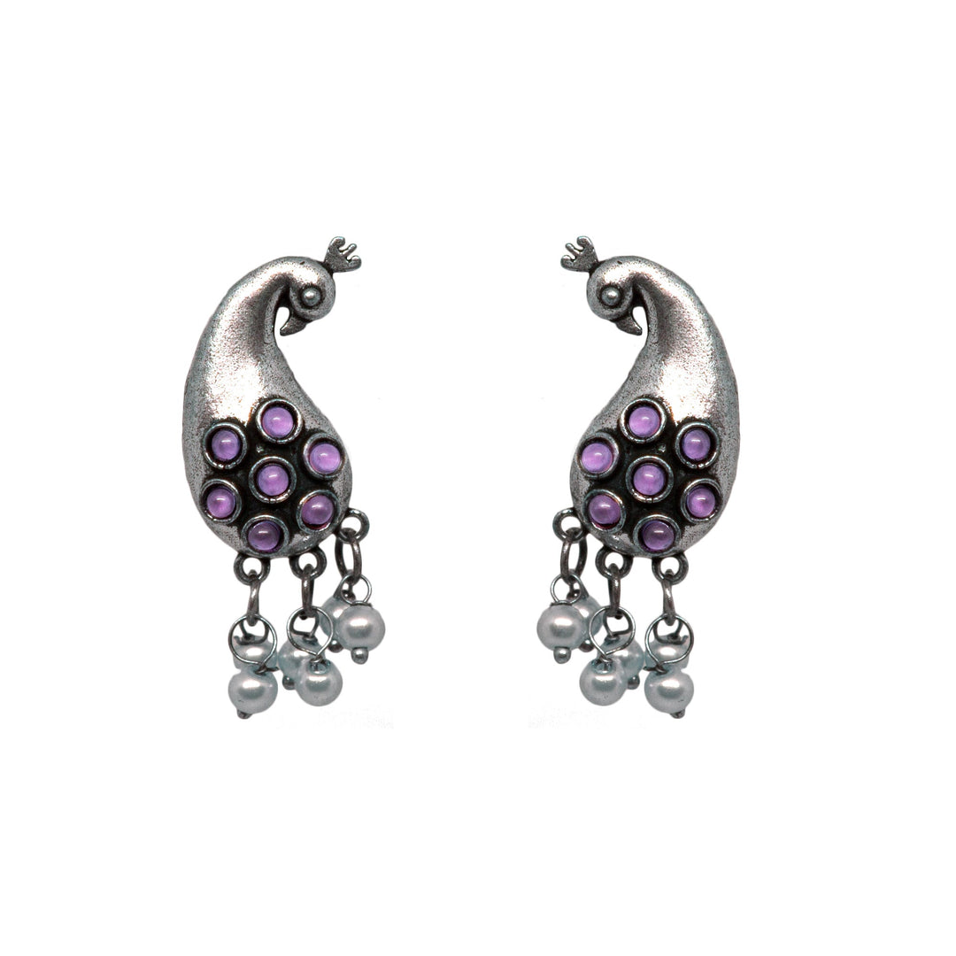 Abhinn Unique Silver Replica Peacock Design With Purple CZ Stones Stud Earrings For Women