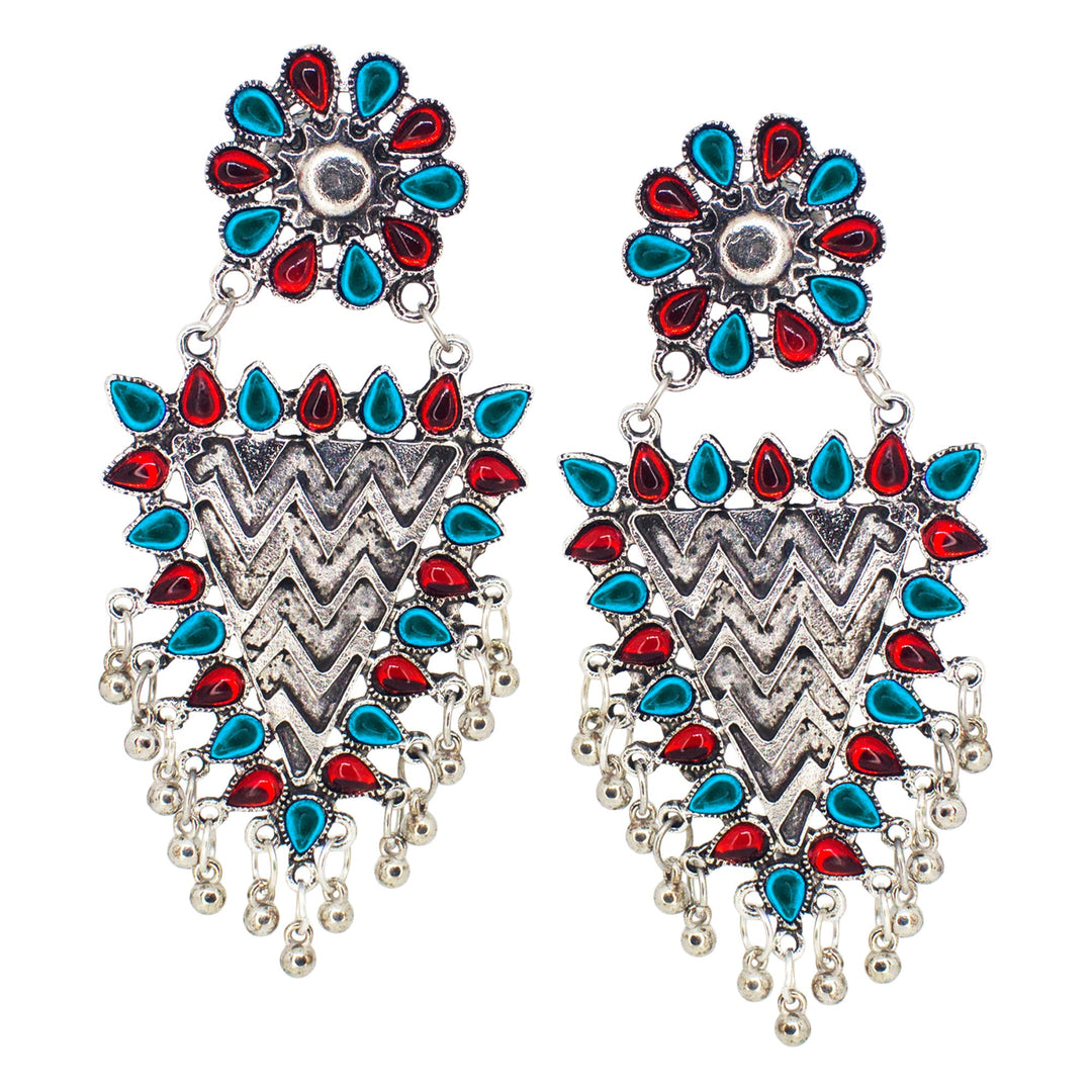Abhinn Silver Oxidised Geometrical Design Red-Blue Dangler Earrings For Women