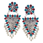 Load image into Gallery viewer, Abhinn Silver Oxidised Geometrical Design Red-Blue Dangler Earrings For Women
