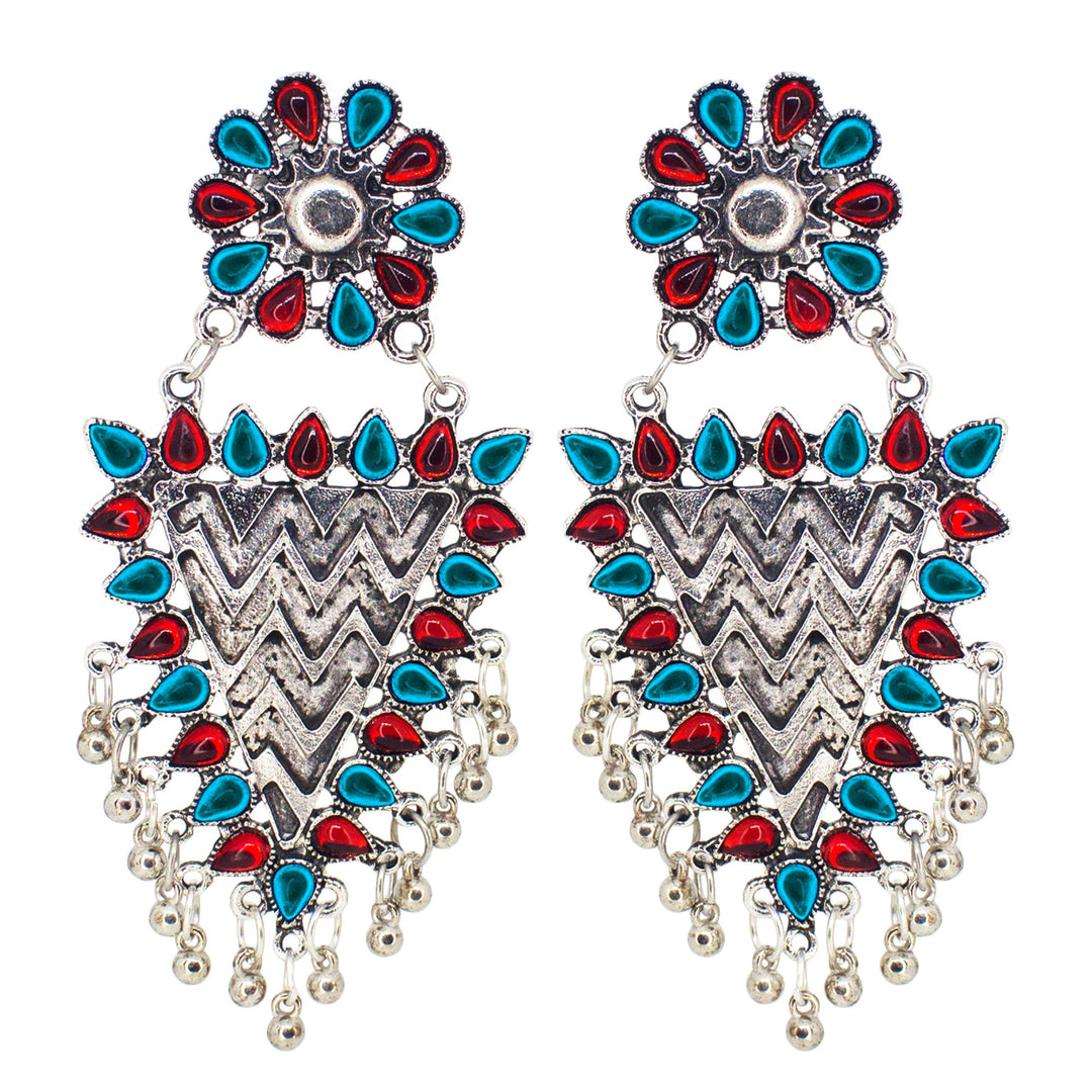 Abhinn Silver Oxidised Geometrical Design Red-Blue Dangler Earrings For Women