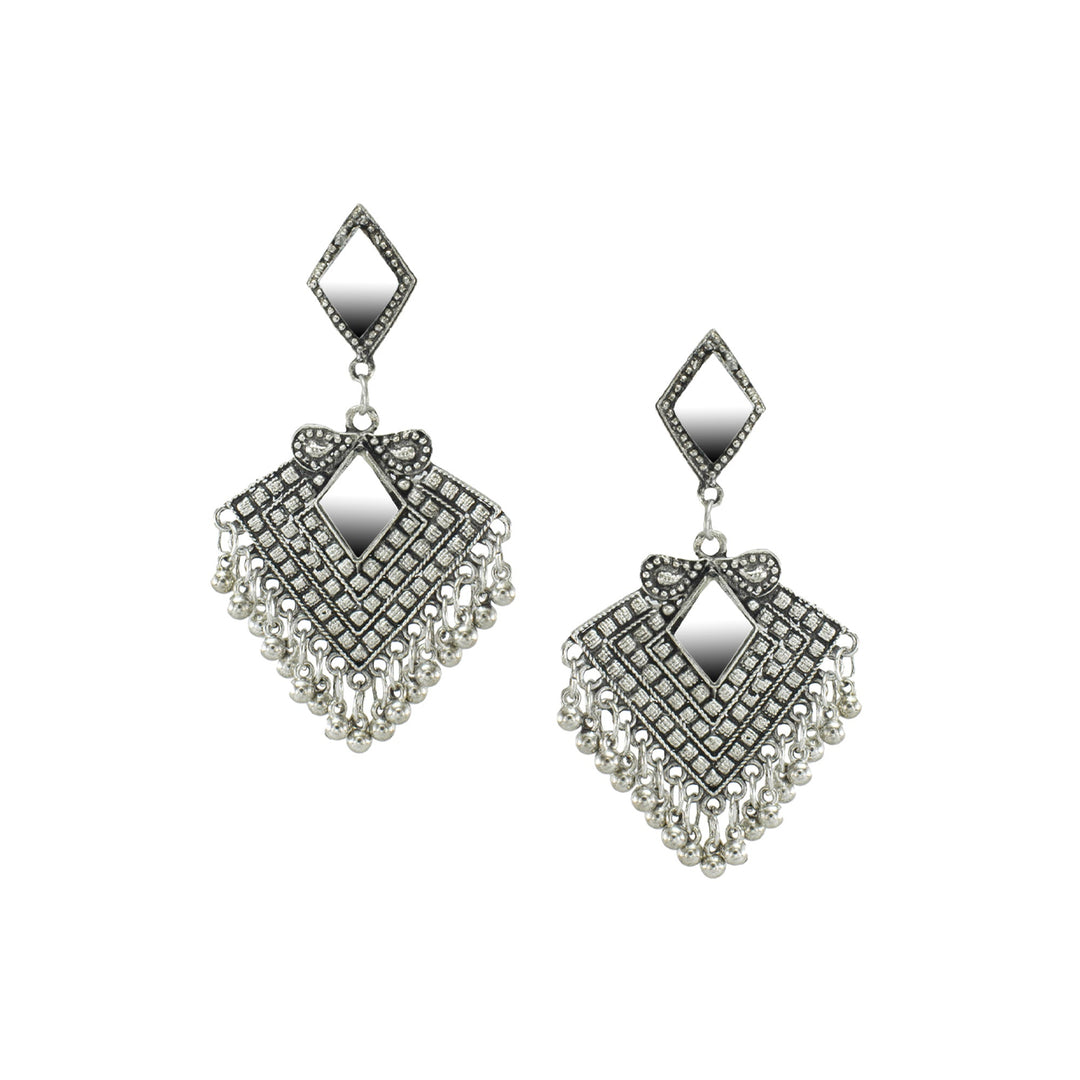 Abhinn Silver Oxidised Diamond Shaped Dangler With Mirror Earrings For Girls