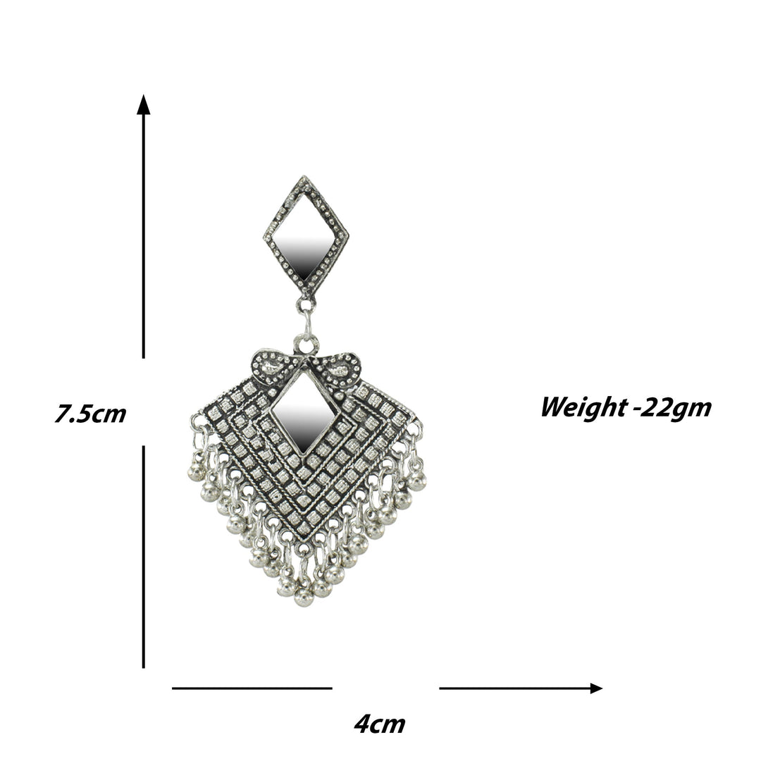 Abhinn Silver Oxidised Diamond Shaped Dangler With Mirror Earrings For Girls