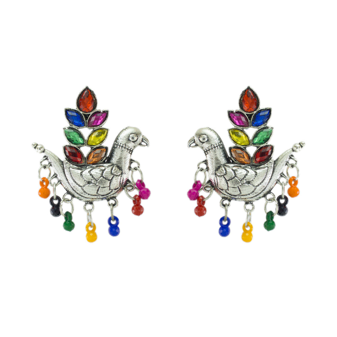 Abhinn Silver Oxidised Pigeon Bird Multi Colour Stud Earring for Women