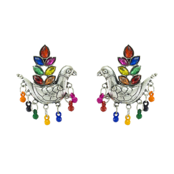 Abhinn Silver Oxidised Pigeon Bird Multi Colour Stud Earring for Women