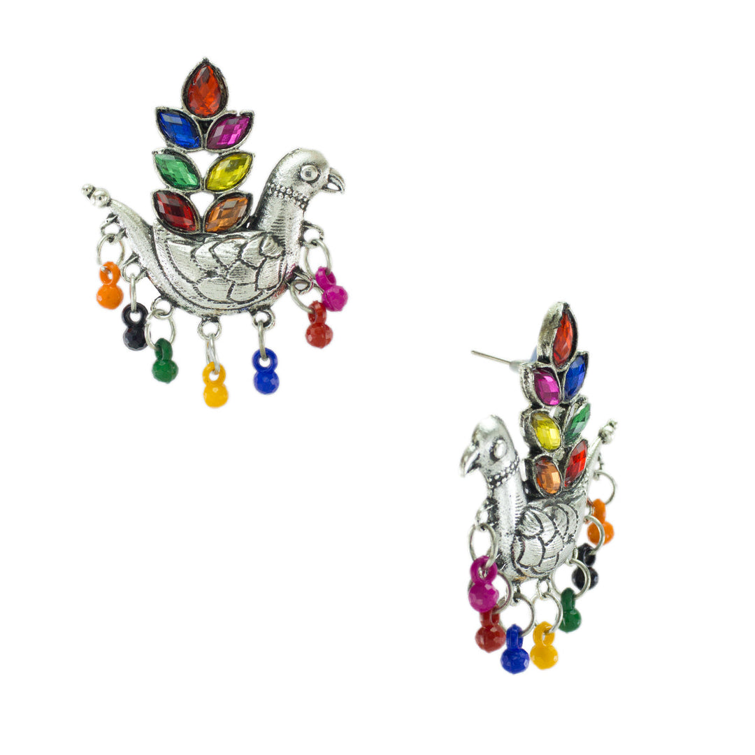 Abhinn Silver Oxidised Pigeon Bird Multi Colour Stud Earring for Women