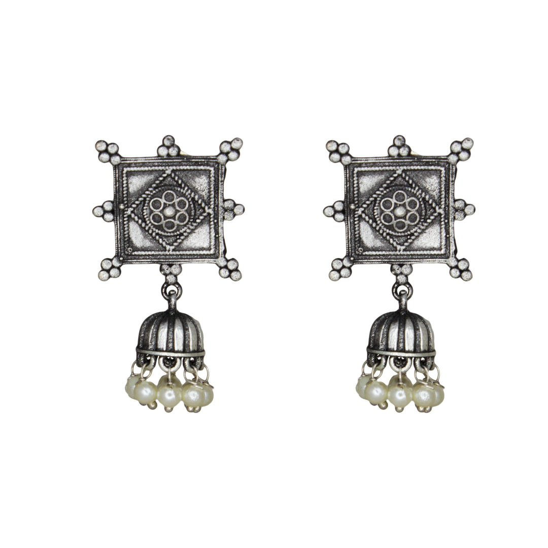 Abhinn Silver Replica Square Shape Studs With Small Jhumki Earrings For Women