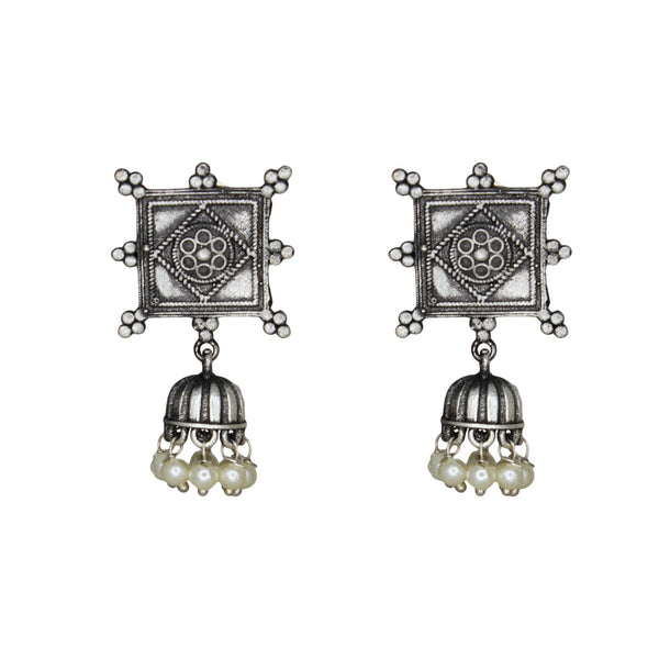 Abhinn Silver Replica Square Shape Studs With Small Jhumki Earrings For Women