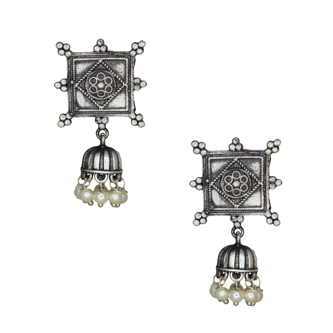 Abhinn Silver Replica Square Shape Studs With Small Jhumki Earrings For Women