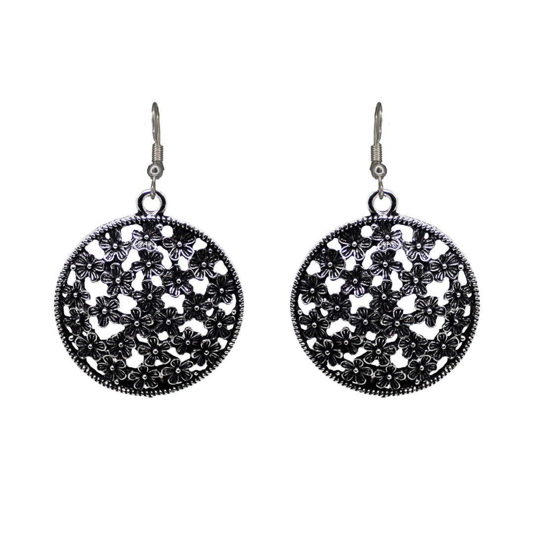 Abhinn Floral Design Silver Oxidised Drop Earrings For Girls