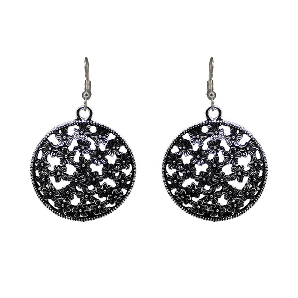 Abhinn Floral Design Silver Oxidised Drop Earrings For Girls