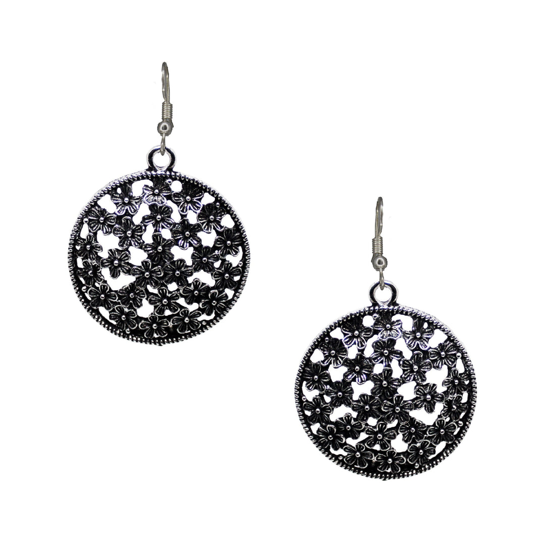 Abhinn Floral Design Silver Oxidised Drop Earrings For Girls