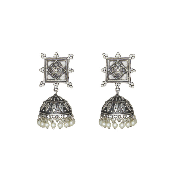 Abhinn Silver Replica Temple Design Square Shape Studs With Jhumki For Women 