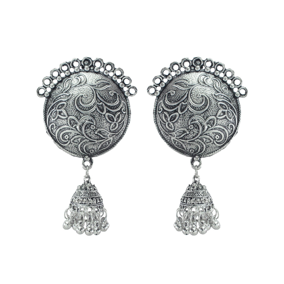 Abhinn Stylish Silver Oxidized Circular Stud With Jhumki Earrings for Women