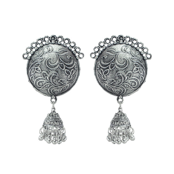 Abhinn Stylish Silver Oxidized Circular Stud With Jhumki Earrings for Women