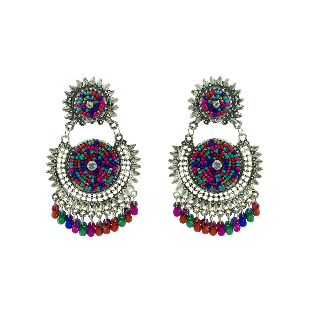 Abhinn Afghani Silver Oxidised Multi Colour Embroidery Dangler Earrings for Women
