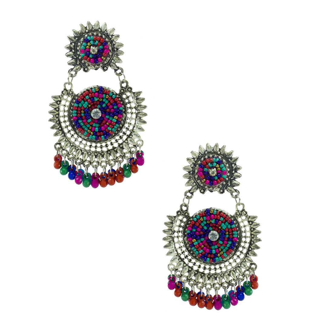 Abhinn Afghani Silver Oxidised Multi Colour Embroidery Dangler Earrings for Women