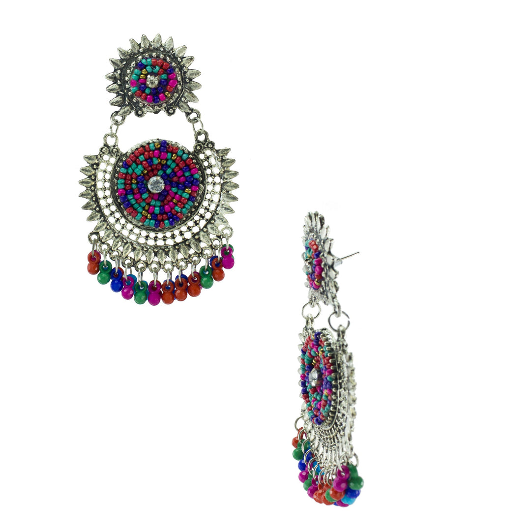 Abhinn Afghani Silver Oxidised Multi Colour Embroidery Dangler Earrings for Women