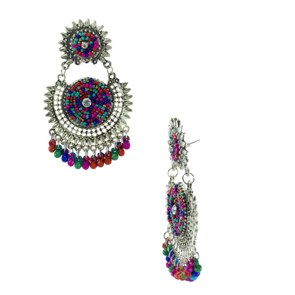 Abhinn Afghani Silver Oxidised Multi Colour Embroidery Dangler Earrings for Women