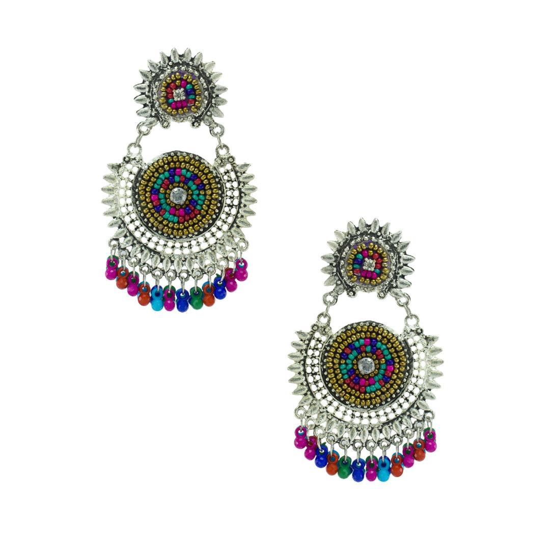 Abhinn Silver Oxidised With Multi Colour Beads Embroidery Earrings For Women