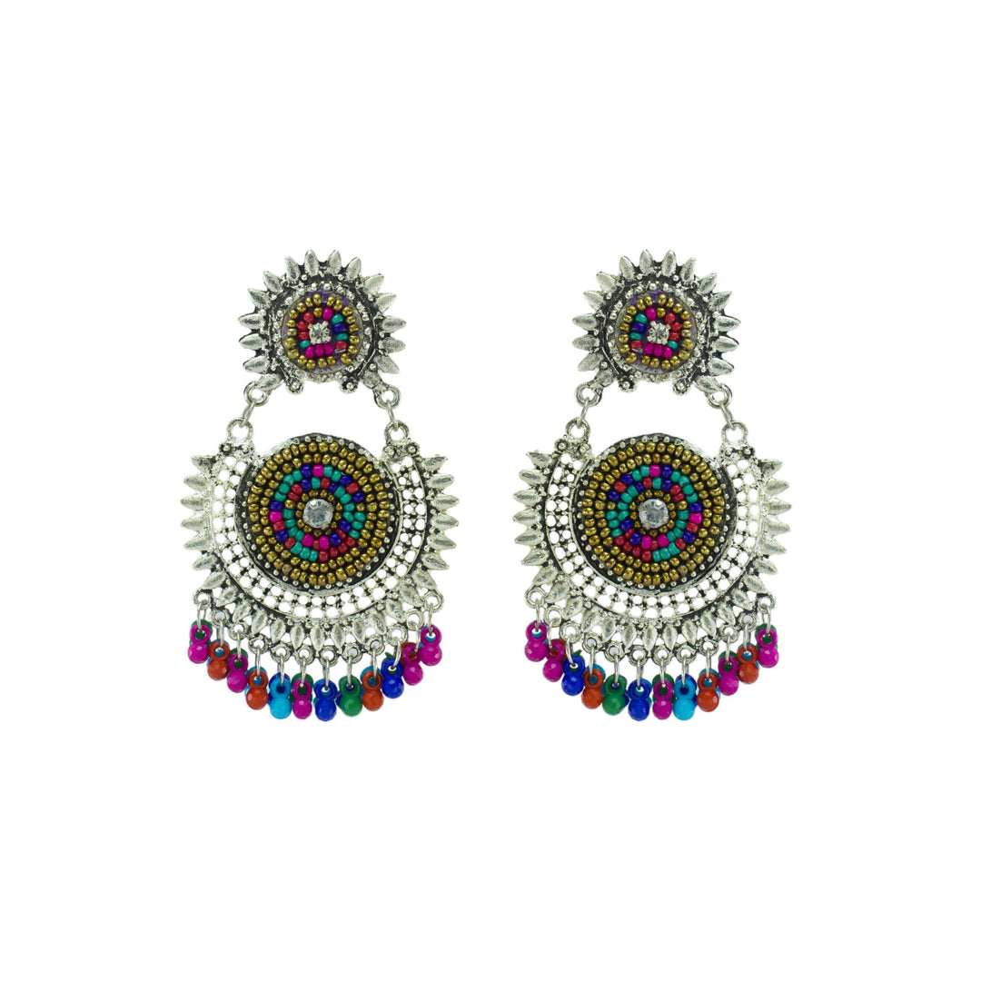 Abhinn Silver Oxidised With Multi Colour Beads Embroidery Earrings For Women