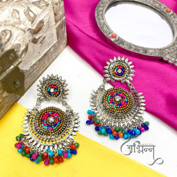 Abhinn Silver Oxidised With Multi Colour Beads Embroidery Earrings For Women