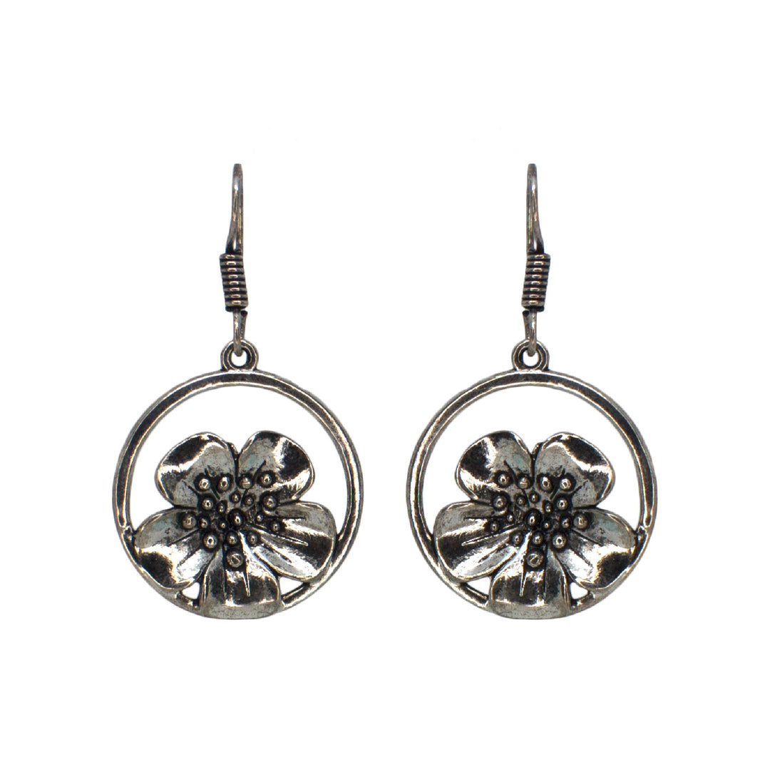 Abhinn Silver Oxidised Floral Design Dangler Fish Hook Earrings For Women