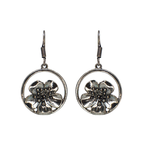 Abhinn Silver Oxidised Floral Design Dangler Fish Hook Earrings For Women