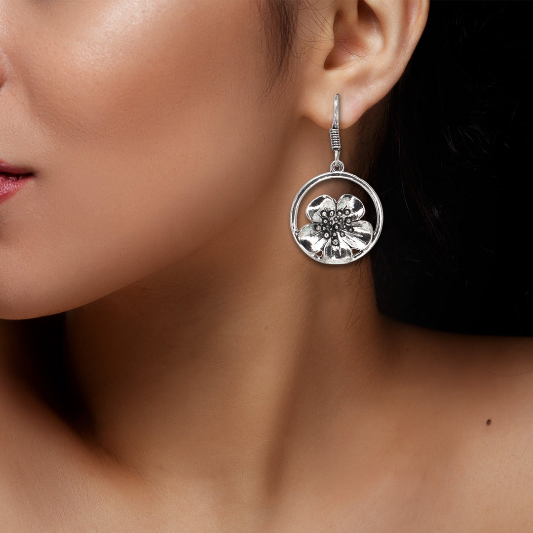 Abhinn Silver Oxidised Floral Design Dangler Fish Hook Earrings For Women