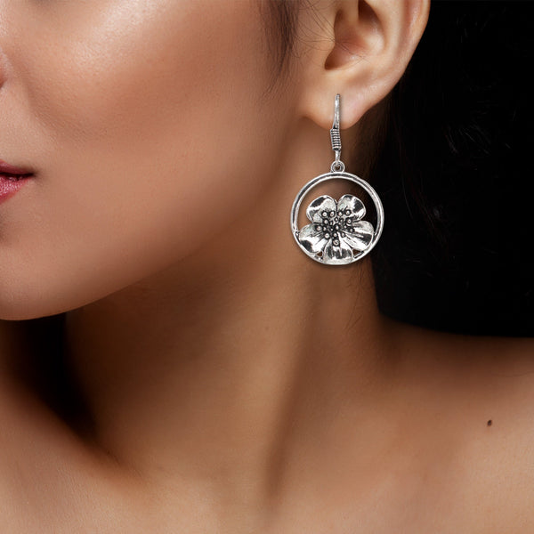Abhinn Silver Oxidised Floral Design Dangler Fish Hook Earrings For Women
