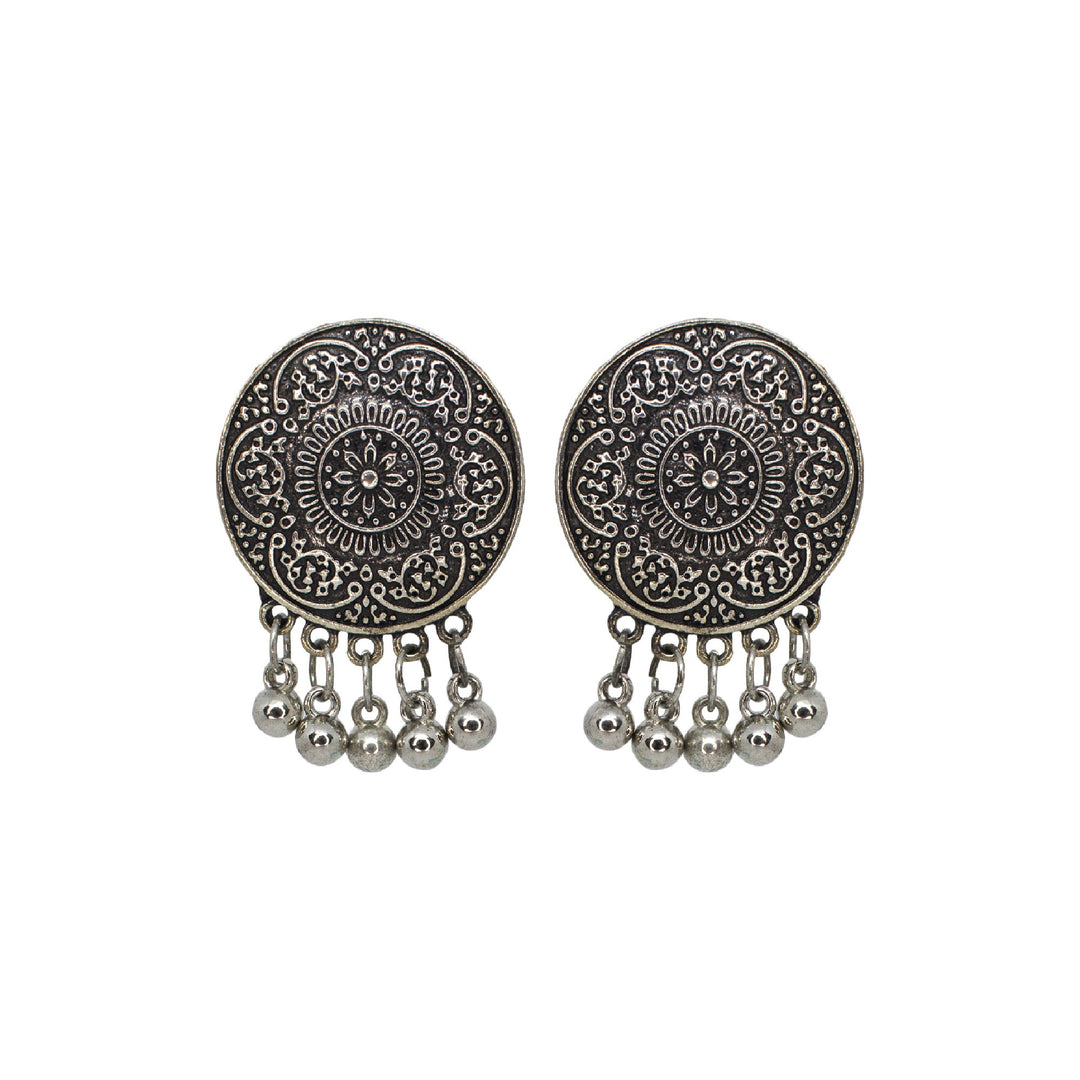 Floral Design Silver Oxidised Studs Earrings With Silver Beads