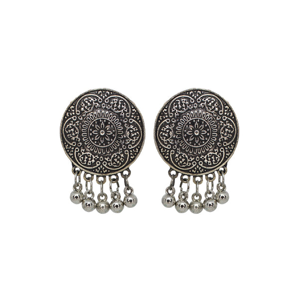 Floral Design Silver Oxidised Studs Earrings With Silver Beads