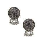 Load image into Gallery viewer, Floral Design Silver Oxidised Studs Earrings With Silver Beads
