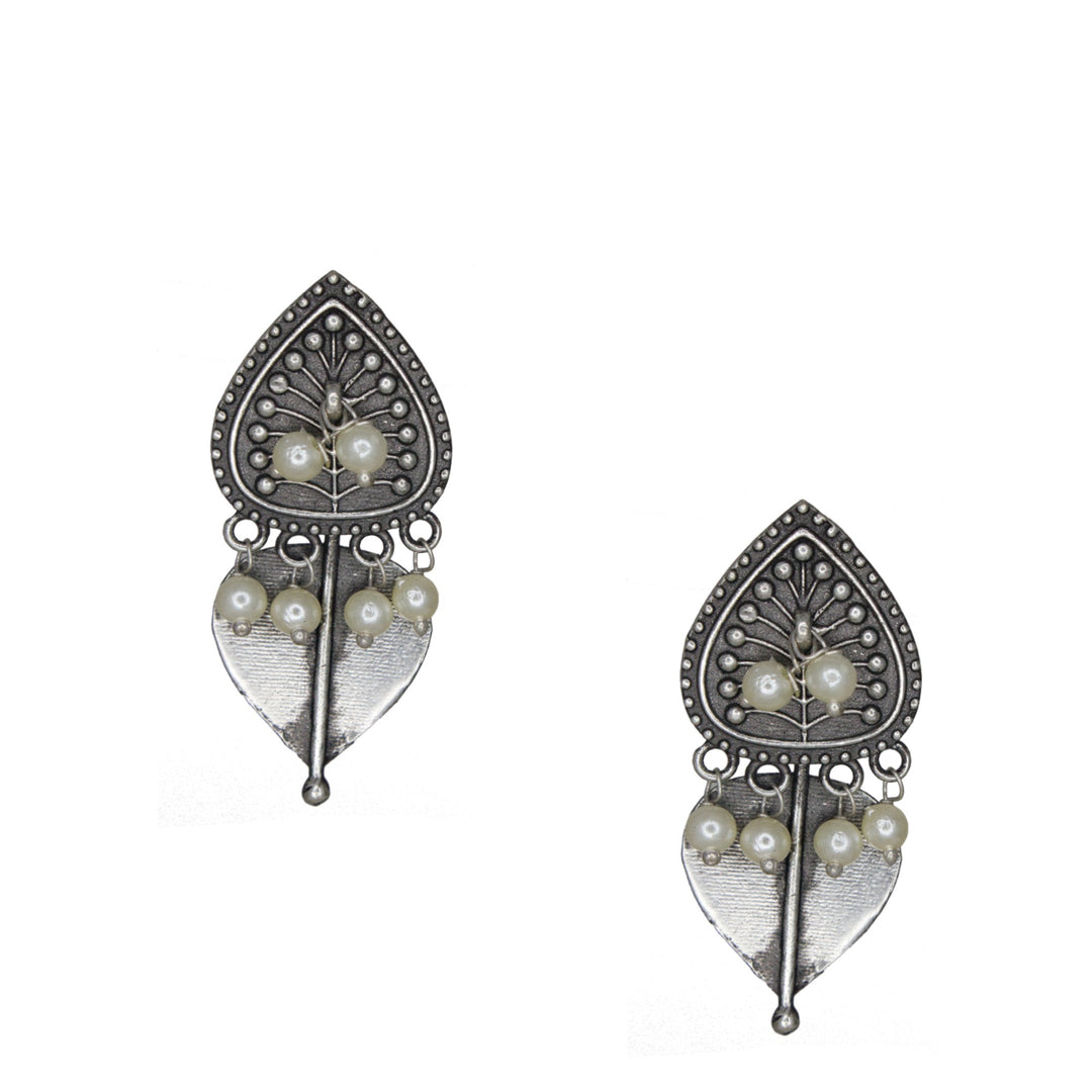 Abhinn Silver Replica Dual Leaf Design with Dangler Pearls Stud Earrings For Women