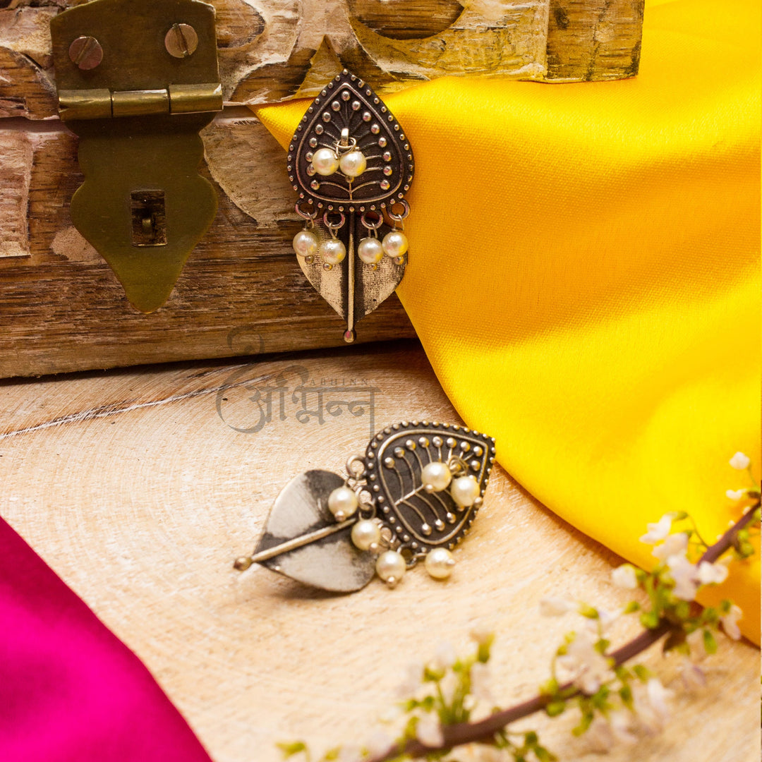 Abhinn Silver Replica Dual Leaf Design with Dangler Pearls Stud Earrings For Women 
