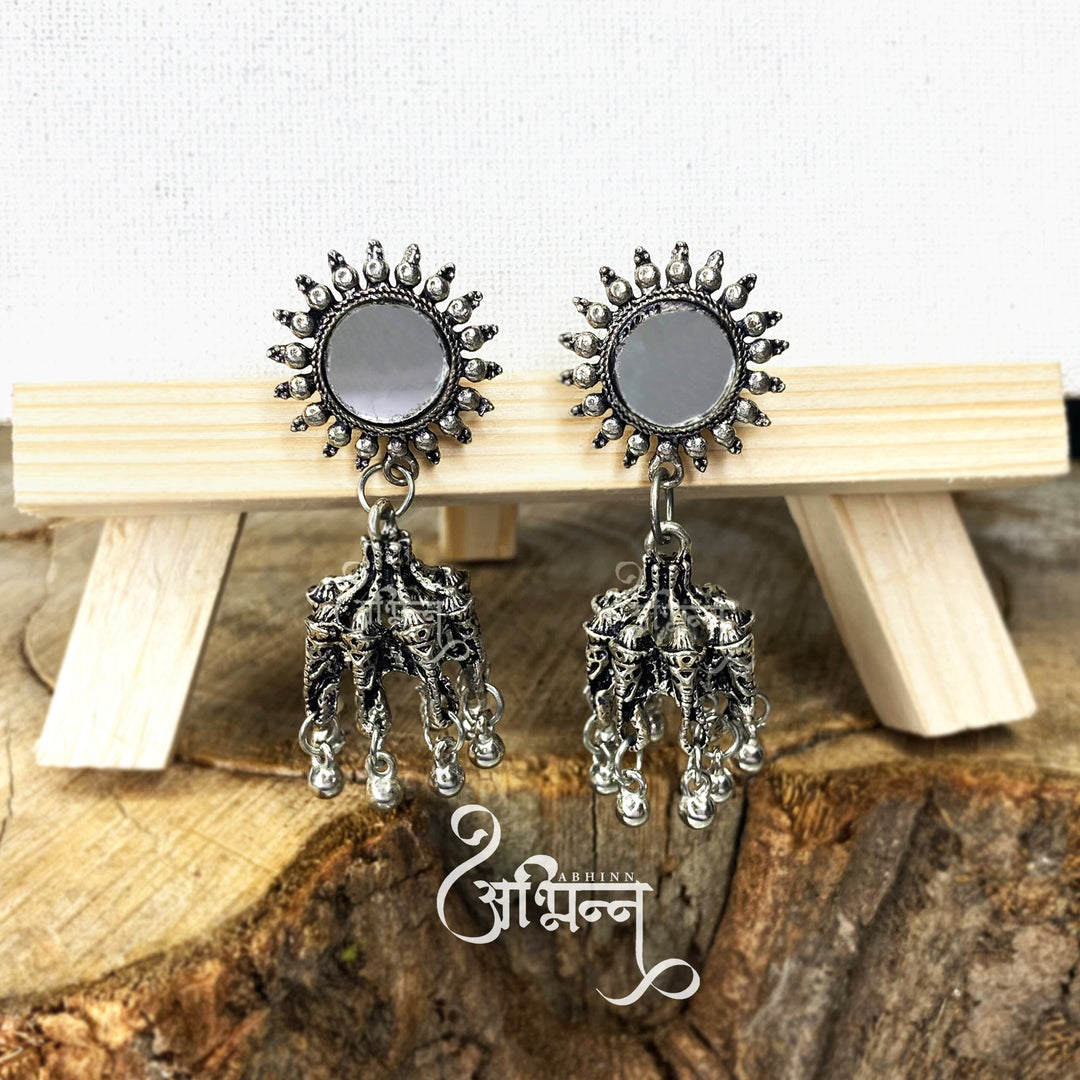 Abhinn Silver Oxidised Ganesha Jhumka With Mirror Stud Earrings For Girls