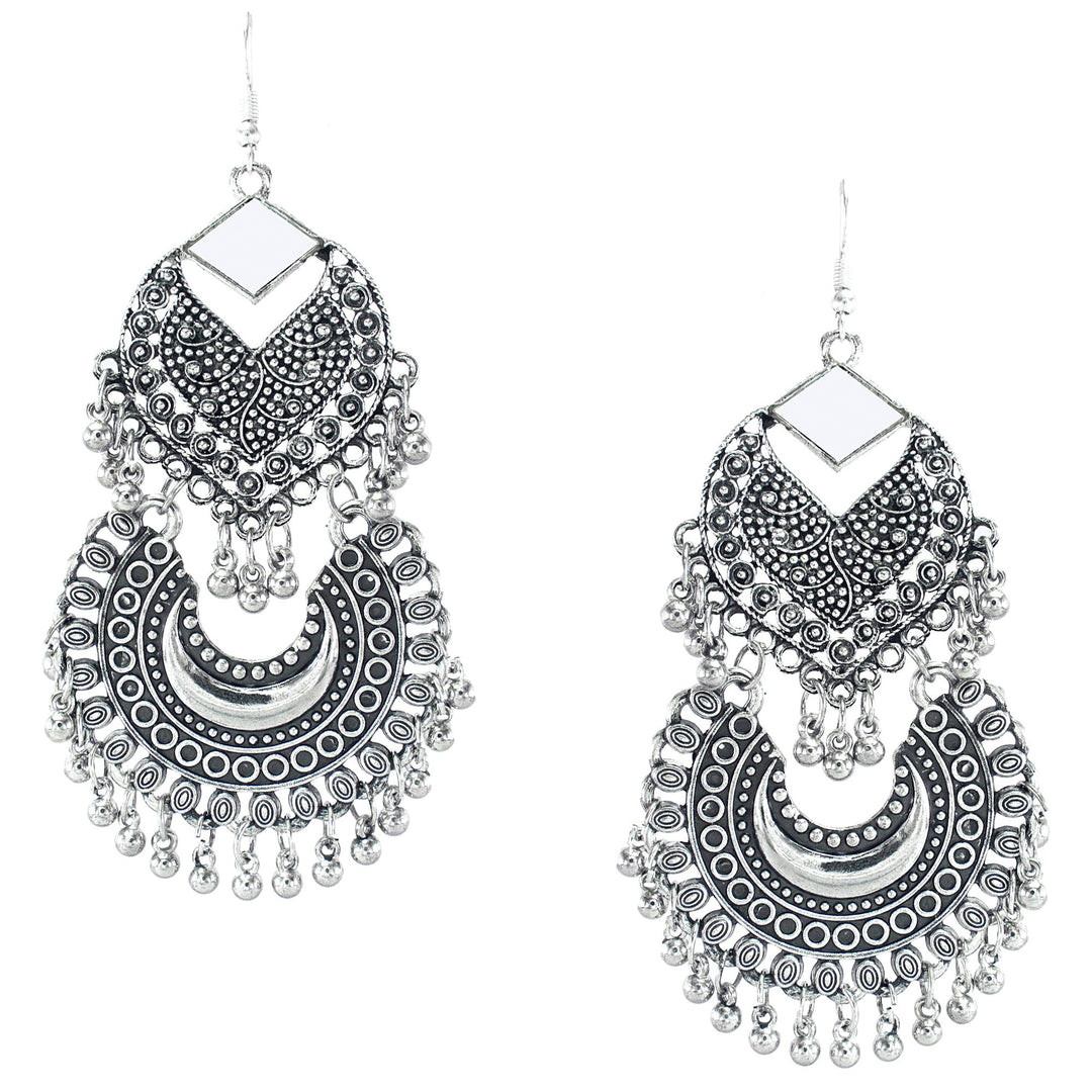 Abhinn Stylish Silver Oxidised Afghani Tribal Mirror Chandbali Earrings for Women